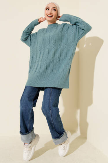 Şerit Örgülü Yumoş Triko Tunik Turkuaz - Tunik
