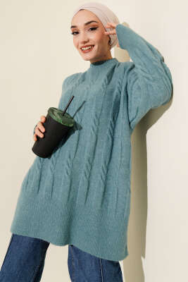 Şerit Örgülü Yumoş Triko Tunik Turkuaz - Tunik