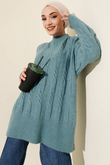 Şerit Örgülü Yumoş Triko Tunik Turkuaz - Tunik