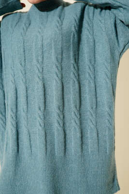 Şerit Örgülü Yumoş Triko Tunik Turkuaz - Tunik