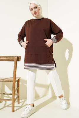 Şerit Ribanalı Kanguru Cepli Tunik Kahve - Yılın Fırsatı 
