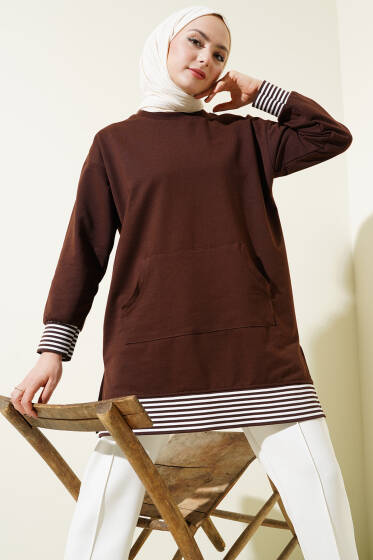 Şerit Ribanalı Kanguru Cepli Tunik Kahve - Yılın Fırsatı 