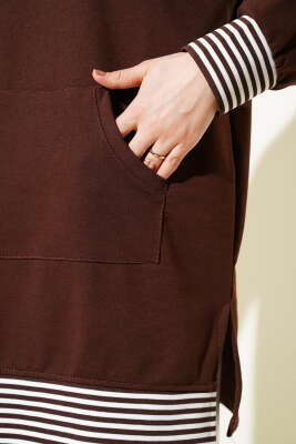 Şerit Ribanalı Kanguru Cepli Tunik Kahve - Yılın Fırsatı 