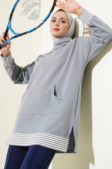 Şerit Ribanalı Kanguru Cepli Tunik Kayrak Grisi - Yılın Fırsatı 