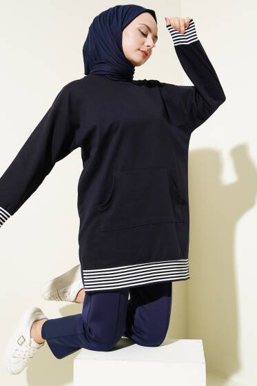 Şerit Ribanalı Kanguru Cepli Tunik Lacivert - Yılın Fırsatı 