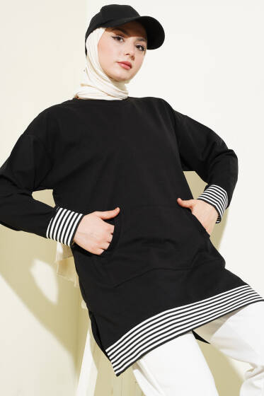 Şerit Ribanalı Kanguru Cepli Tunik Siyah - Yılın Fırsatı 