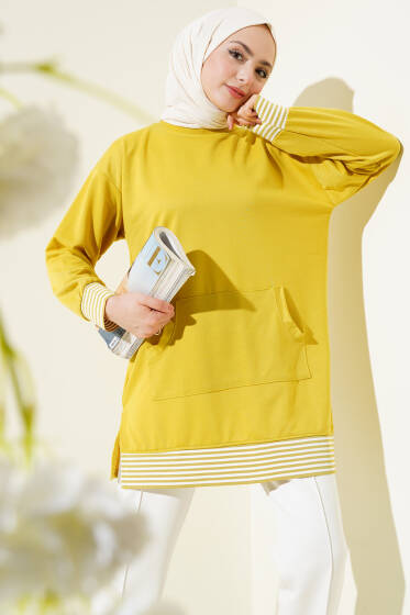 Şerit Ribanalı Kanguru Cepli Tunik Yağ Yeşili - Tunik