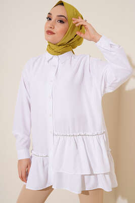 Şerit Taş Detaylı Gömlek Beyaz - DESTİNA