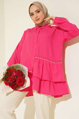 Şerit Taş Detaylı Gömlek Fusya - DESTİNA