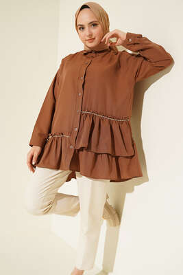 Şerit Taş Detaylı Gömlek Kahve - DESTİNA