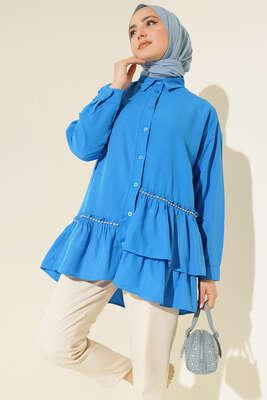 Şerit Taş Detaylı Gömlek Saks - DESTİNA