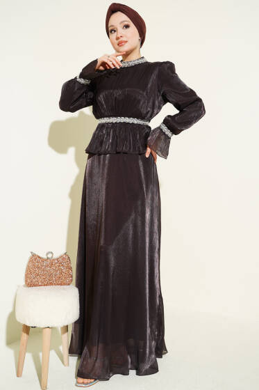 Şerit Taş Süslemeli Abiye Elbise Acı Kahve - Elbise