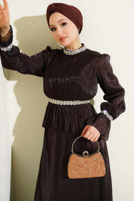 Şerit Taş Süslemeli Abiye Elbise Acı Kahve - Elbise