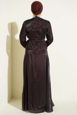 Şerit Taş Süslemeli Abiye Elbise Acı Kahve - Elbise