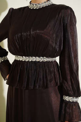 Şerit Taş Süslemeli Abiye Elbise Acı Kahve - Elbise