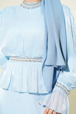 Şerit Taş Süslemeli Abiye Elbise Bebe Mavi - Elbise