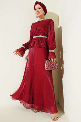 Şerit Taş Süslemeli Abiye Elbise Bordo - BERAT TEKSTİL