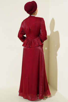 Şerit Taş Süslemeli Abiye Elbise Bordo - Elbise