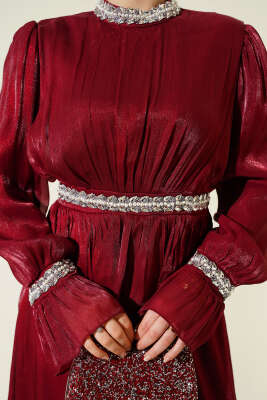 Şerit Taş Süslemeli Abiye Elbise Bordo - Elbise