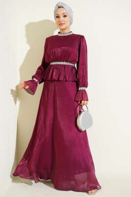 Şerit Taş Süslemeli Abiye Elbise Burgonya 