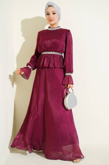 Şerit Taş Süslemeli Abiye Elbise Burgonya - Elbise