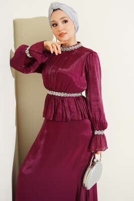 Şerit Taş Süslemeli Abiye Elbise Burgonya - Elbise