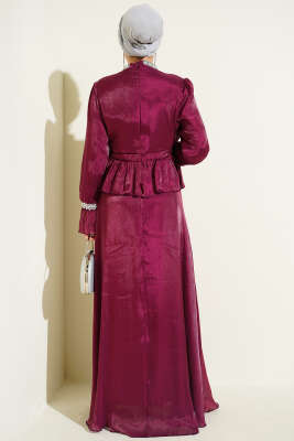 Şerit Taş Süslemeli Abiye Elbise Burgonya - Elbise