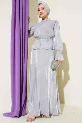 Şerit Taş Süslemeli Abiye Elbise Gri - BERAT TEKSTİL