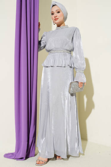 Şerit Taş Süslemeli Abiye Elbise Gri - Elbise