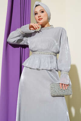 Şerit Taş Süslemeli Abiye Elbise Gri - Elbise