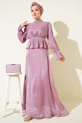 Şerit Taş Süslemeli Abiye Elbise Gül Kurusu 