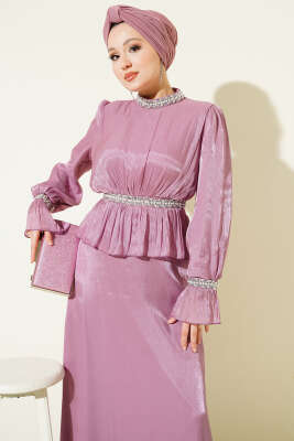 Şerit Taş Süslemeli Abiye Elbise Gül Kurusu - Elbise