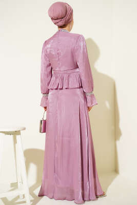 Şerit Taş Süslemeli Abiye Elbise Gül Kurusu - Elbise