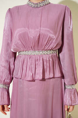 Şerit Taş Süslemeli Abiye Elbise Gül Kurusu - Elbise