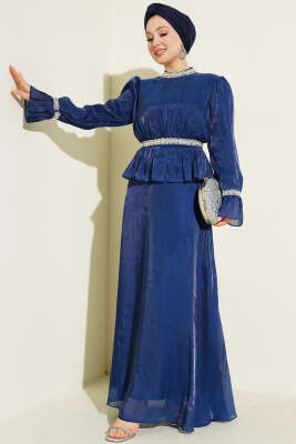 Şerit Taş Süslemeli Abiye Elbise Lacivert - BERAT TEKSTİL