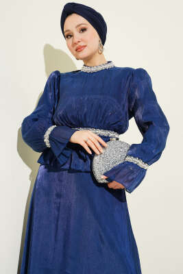Şerit Taş Süslemeli Abiye Elbise Lacivert - Elbise
