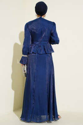 Şerit Taş Süslemeli Abiye Elbise Lacivert - Elbise