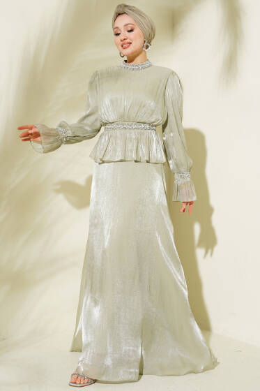 Şerit Taş Süslemeli Abiye Elbise Mint - Elbise