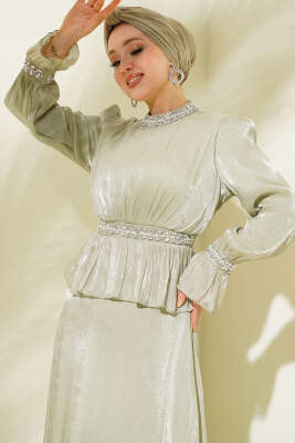 Şerit Taş Süslemeli Abiye Elbise Mint - Elbise