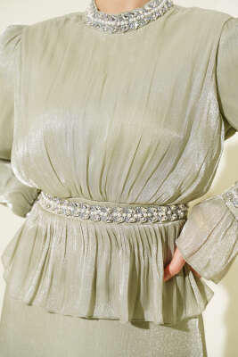 Şerit Taş Süslemeli Abiye Elbise Mint - Elbise