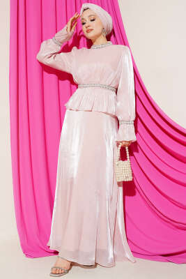 Şerit Taş Süslemeli Abiye Elbise Pudra - BERAT TEKSTİL