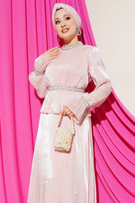 Şerit Taş Süslemeli Abiye Elbise Pudra - Elbise