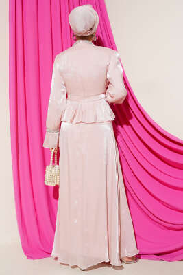 Şerit Taş Süslemeli Abiye Elbise Pudra - Elbise