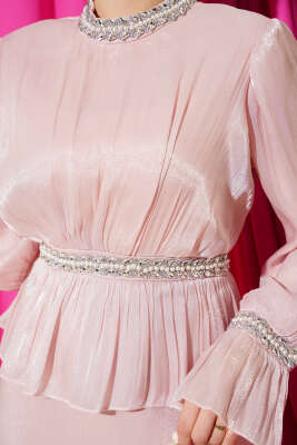 Şerit Taş Süslemeli Abiye Elbise Pudra - Elbise