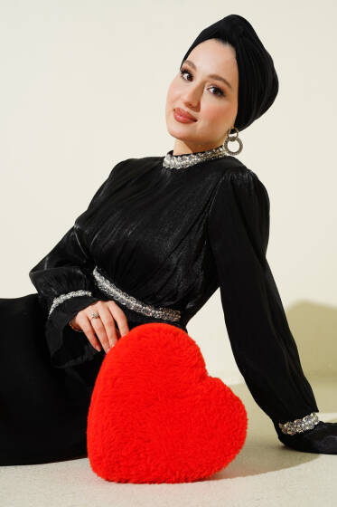 Şerit Taş Süslemeli Abiye Elbise Siyah - Elbise