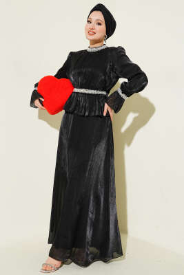 Şerit Taş Süslemeli Abiye Elbise Siyah - Elbise