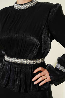 Şerit Taş Süslemeli Abiye Elbise Siyah - Elbise