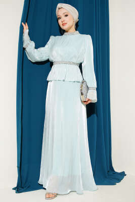 Şerit Taş Süslemeli Abiye Elbise Su Yeşili 