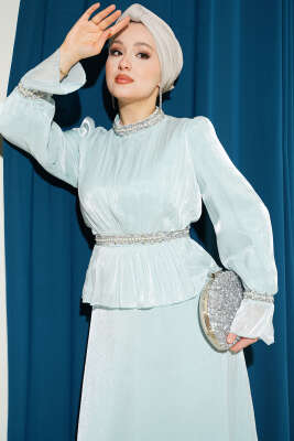 Şerit Taş Süslemeli Abiye Elbise Su Yeşili - Elbise