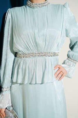 Şerit Taş Süslemeli Abiye Elbise Su Yeşili - Elbise